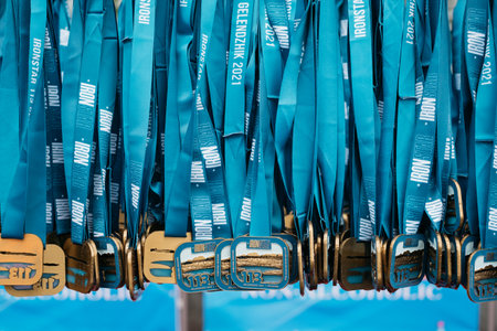 Gelendzhik, Russia, 22 May 2021: IRONSTAR SPRINT and 113. Close-up medals for winners.