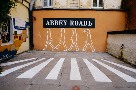 Wall with graffiti Abbey Road. Art-Center Pushkinskaya 10.のeditorial素材