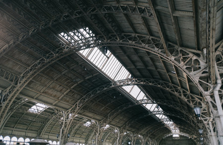 Metal canopy above the platform for the train for boarding passengers.のeditorial素材