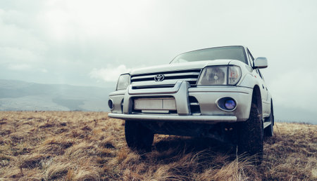 Gelendzhik, Russia, 21 February 2016: Toyota Land Cruiser Prado 90 Bottom view to big offroad car...
