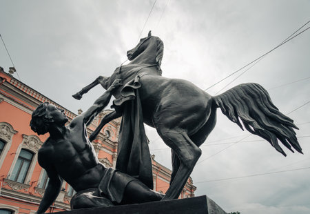 Anichkov bridge. Sculptural groups: The taming of a horse by a man.のeditorial素材