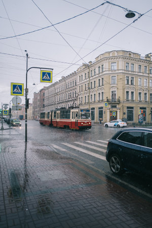 Tram on the route along Sredny Prospect of Vasilyevsky Island.のeditorial素材
