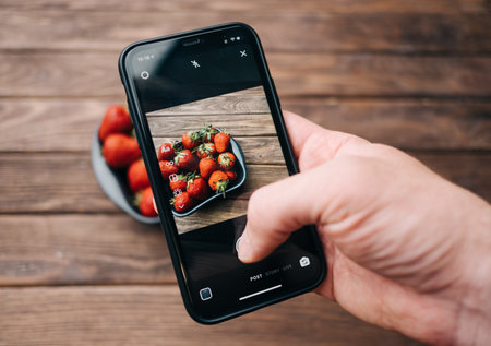 The blogger takes a photo with the Instagram camera app using an iPhone 11.のeditorial素材