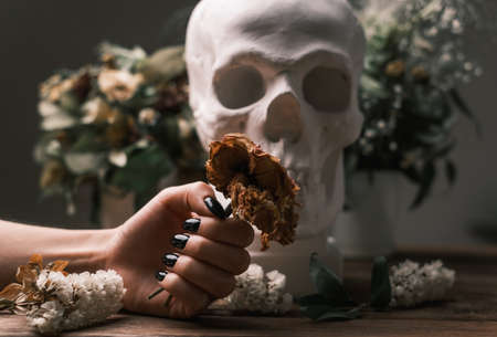 Close-up of a female hand holding a bouquet of wilted flowers.の写真素材