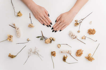 Woman hands with black color manicure.の写真素材