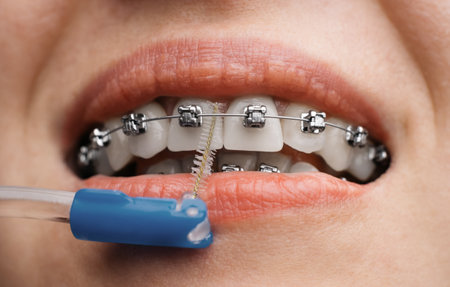 Young woman cleans braces with a dental brush, close-up.