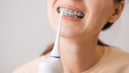 Smiling young unrecognizable woman with braces cleaning her teeth with oral irrigator.の写真素材