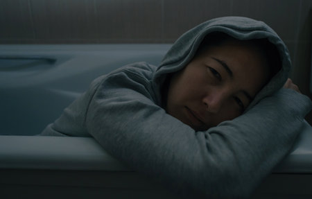 A sad woman in a depressed state lies in a bathroom in clothes.の写真素材