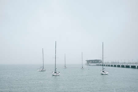 Several sailing yachts are moored at the pier in the sea.の写真素材