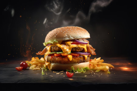 Gourmet hamburger with juicy meat patty and melted cheese. A mouthwatering American culture icon. AI generative.の素材