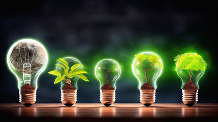Illustration of investment and growth in renewable energy with green color, glowing lights, and innovative ideas for environmental conservation. AI generative.の素材