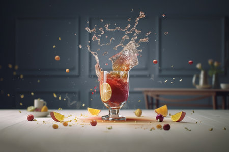 Refreshing drink with fresh fruit and a splash for a summer day. AI generative.の素材