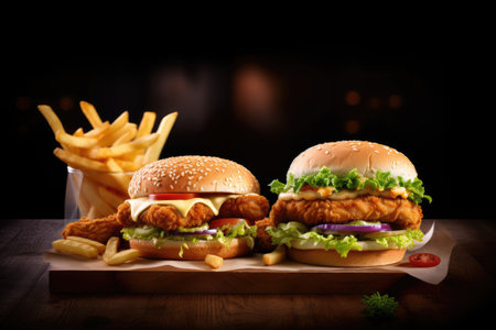 A mouthwatering burger meal with cheeseburger and fries Ai generative.の素材