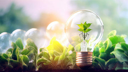 Illustration of investment and growth in renewable energy with green color, glowing lights, and innovative ideas for environmental conservation. AI generative.の素材