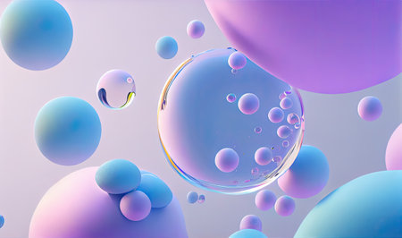 Beautiful multi-colored bubbles on a blue and purple circle background. Ideal for design projects and web backgrounds. AI generative.の素材