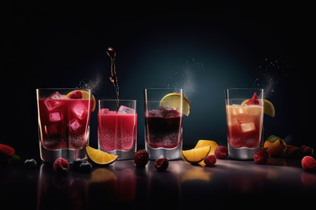 Close-up of colorful and fresh fruit drinks on a table. Refreshing cocktails with citrus fruits and raspberry flavors. AI generative.の素材