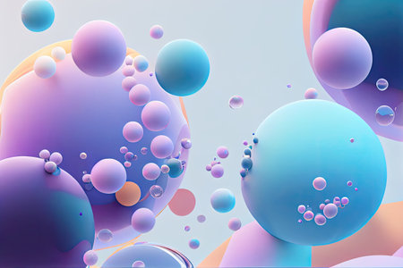 Beautiful multi-colored bubbles on a blue and purple circle background. Ideal for design projects and web backgrounds. AI generative.の素材