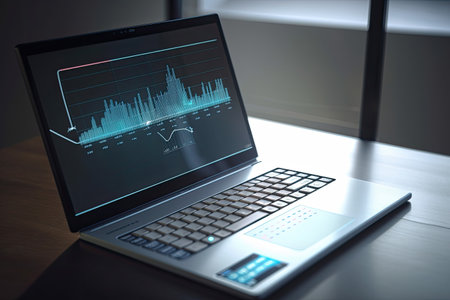 Modern laptop analyzing data for marketing strategy planning Ai generative.の素材