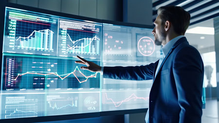Businessman analyzing chart data for strategic marketing planning. AI generative.の素材