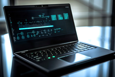Laptop analyzing data for marketing strategy. AI generative.の素材