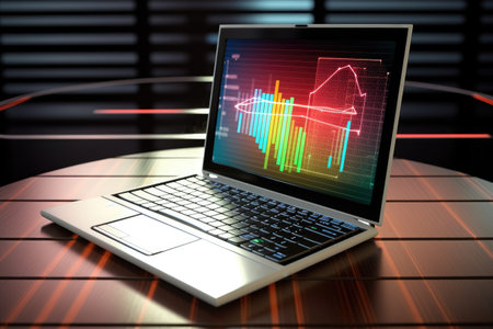A laptop showing data analytics and charts for business planning. AI generative.の素材