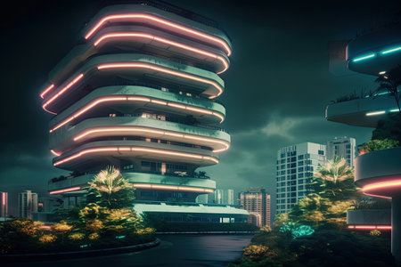 A stunning view of a modern apartment skyscraper at dusk. AI generative.の素材