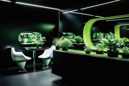 Modern apartment design with green accents, natural light and minimalist furnishings. AI generative.の素材