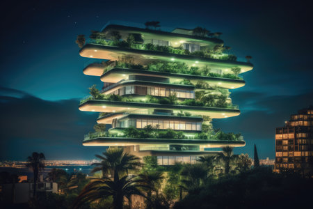 Stunning modern apartment building overlooking the city at night Ai generative.の素材