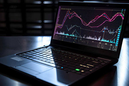 Close-up of a laptop screen showing data and analytics for marketing strategy planning in blue. AI generative.の素材