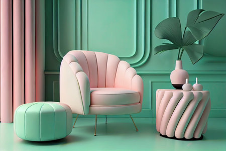 A modern chair and ottoman set in a cozy domestic room with pastel green walls. AI generative.の素材