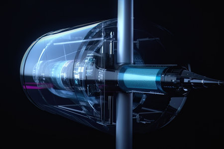 A futuristic wind turbine in blue and black colors, representing advanced machinery and sustainable energy. AI generative.の素材