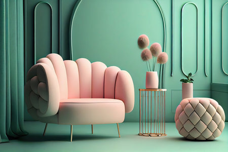 A comfortable seat in a stylish home interior with green pastel walls Ai generative.の素材