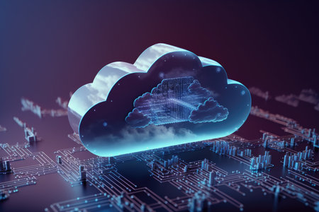 High-tech cloud computing and data storage chip in blue background Ai generative.の素材