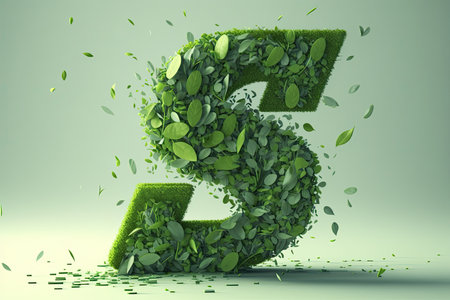 Green leaves shaped dollar sign breaking apart in pieces, symbolizing a new era of sustainable economy Ai generative.の素材