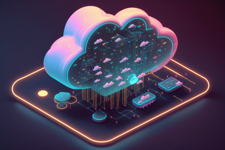 Cloud computing and network servers with data hologramm. AI generative.の素材