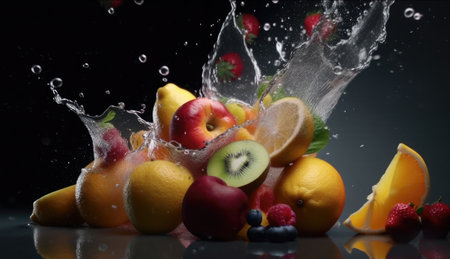 Fresh summer fruit, including juicy oranges, apples, and lemons on a wet surface. AI generative.の素材