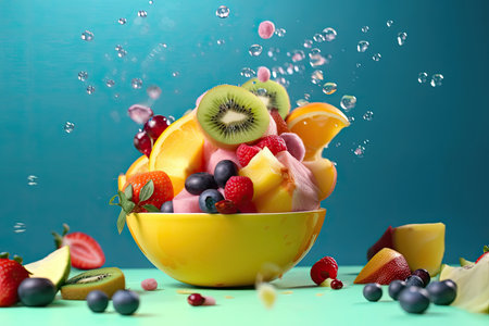 Multi colored fruit bowl with a gourmet dessert twist, perfect for dieting Ai generative.の素材