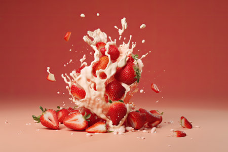 Sweet and refreshing dessert featuring strawberries and cream, perfect for summer indulgence. AI generative.の素材