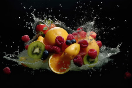 Refreshing mix of summer fruits in water. Close-up of raspberry and citrus. Healthy eating and gourmet. AI generative.の素材