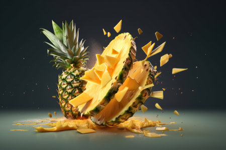 Slice of tropical sweetness with leafy details for a dessert or snack design. AI generative.の素材