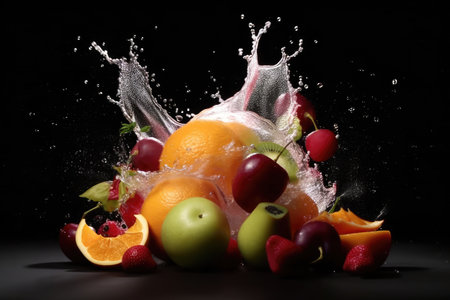 Refreshing summer fruit splashing on a wet background. AI generative.の素材