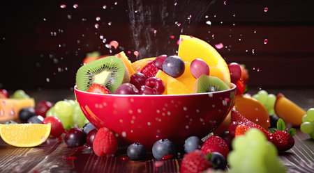 Colorful summer fruit salad with a mix of berries on fresh summer background. A fresh and healthy option for the diet-conscious. AI generative.の素材