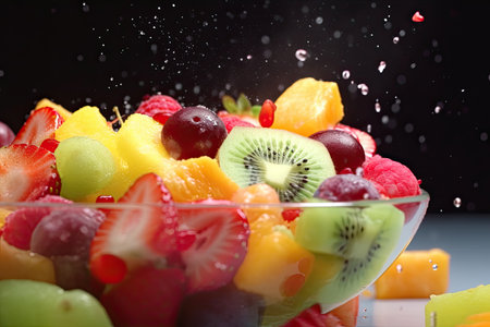 Summery fruit salad with kiwi, strawberry, and raspberry slices. A gourmet and refreshing dessert. AI generative.の素材