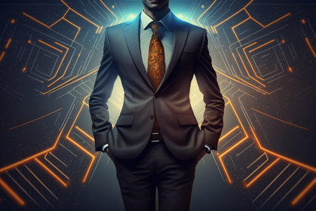 Businessman in suit standing over orange futuristic interface with graphs background. network hologram. Protect privacy. AI generative.の素材