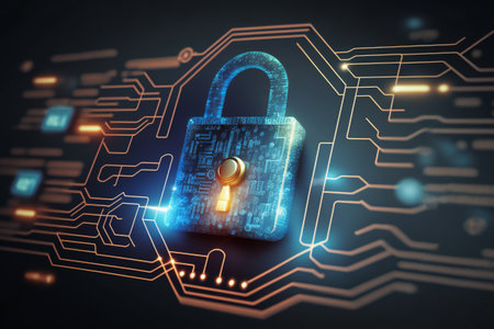 Data Protection and Cyber Security on Internet Server Network with Secure Access to Protect Privacy against Attacks. Illustration with Electronic Circuit Board Connections. AI generative.の素材