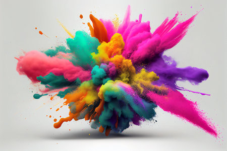 Explosion of colored powder isolated on white background. abstract colored background. AI generative.の素材
