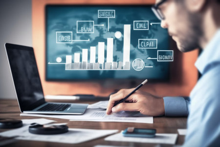 Businessmen work with stock market investments analyze trading data. Study of graphs and analysis. AI generative.の素材