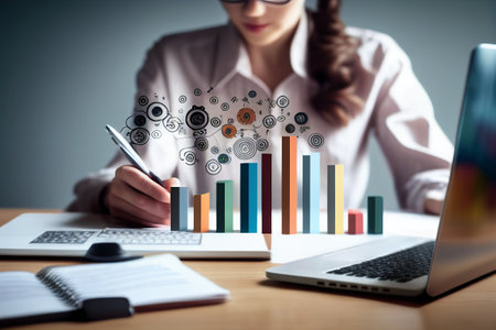 Businesswoman work with stock market investments analyze trading data. Study of graphs and analysis. AI generative.の素材