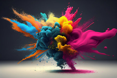 Explosion of colored powder isolated on black background. Abstract colored background. AI generative.の素材