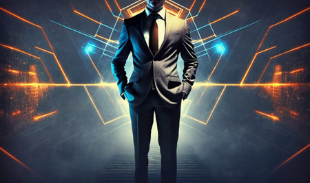 Businessman in suit standing over orange futuristic interface with graphs background. network hologram. Protect privacy. AI generative.の素材